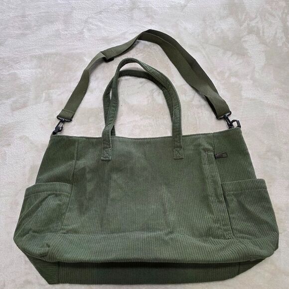 Unbranded Handbags - Unbranded Green Corduroy Bag Tote Laptop Bag Pockets Straps Crossbody Zip Pocket